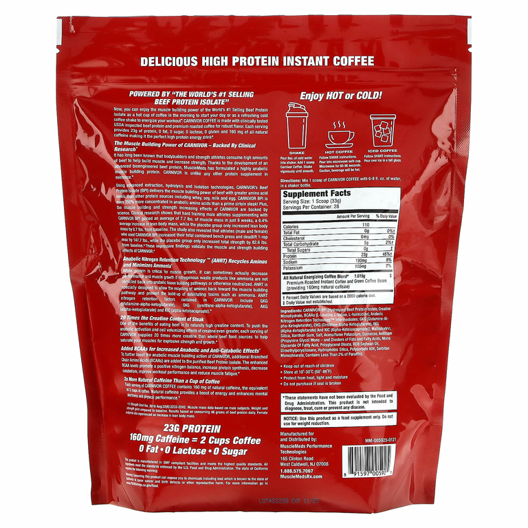 MuscleMeds, Carnivor Coffee, изолят говяжьего белка, полученный путем биоинженерии, со вкусом обжаренного кофе премиального качества, 924 г (2,04 фунта) (Товар снят с продажи) 