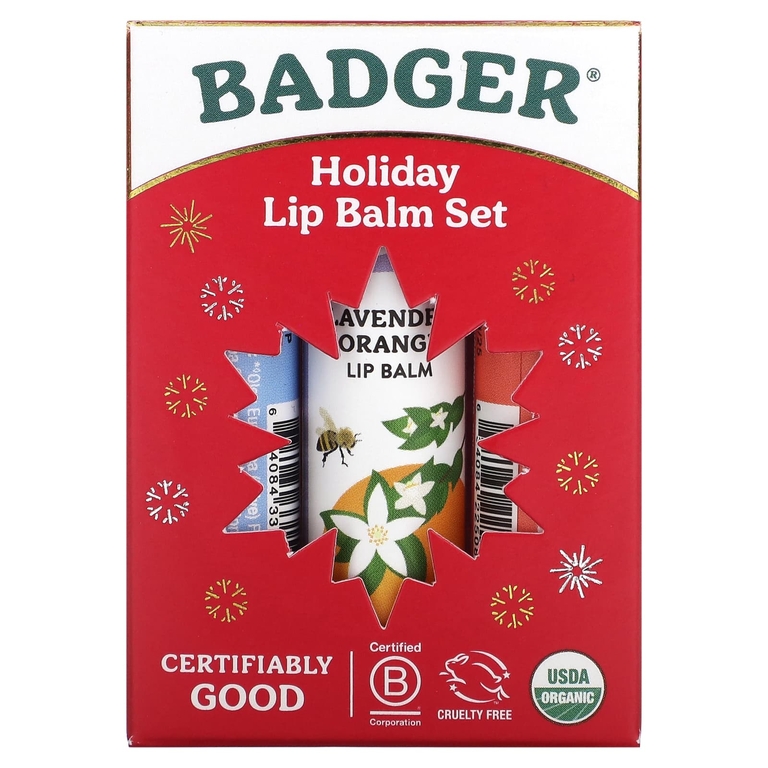 Badger, Праздничный набор бальзамов для губ, красная упаковка, 3 шт. по 4,2 г (0,15 унции)