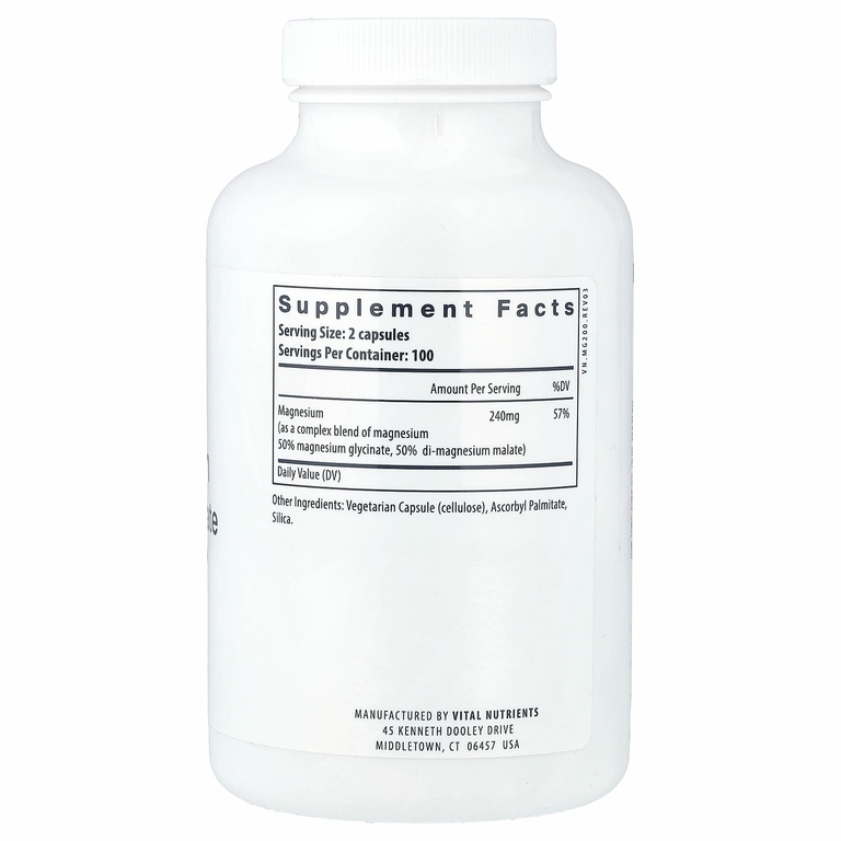 Vital Nutrients, Магний, глицинат + малат, 240 мг, 200 веганских капсул (120 мг на капсулу)