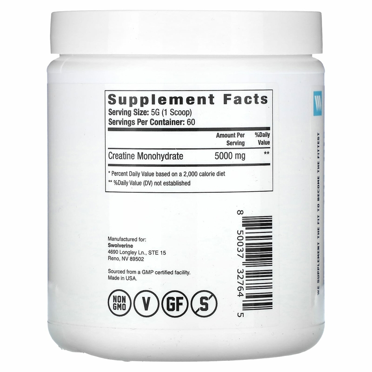 Swolverine, моногидрат креатина, без добавок, 300 г (10,58 унции)