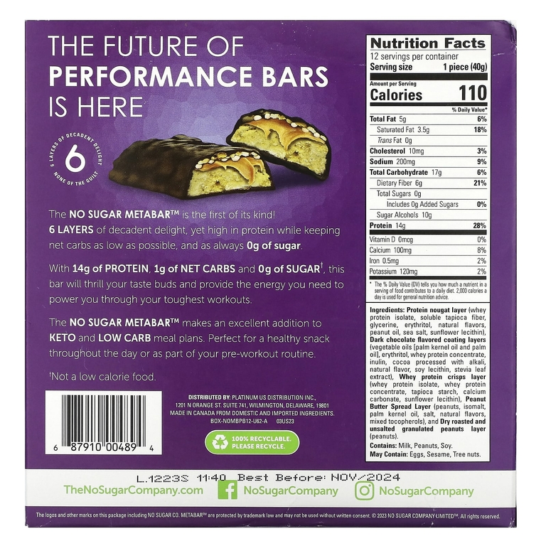 No Sugar Company, MetaBar, шоколадно-арахисовый кранч, 12 батончиков, по 40 г (1,41 унции) (Товар снят с продажи) 