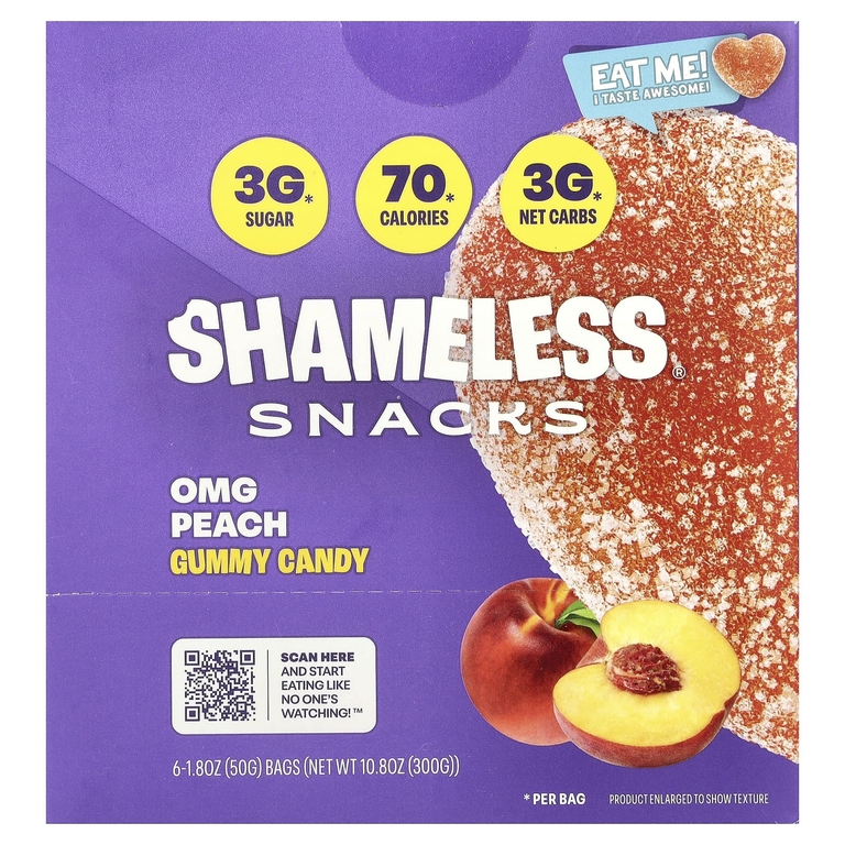 Shameless Snacks, жевательные конфеты, персик, 6 пакетиков по 50 г (1,8 унции)