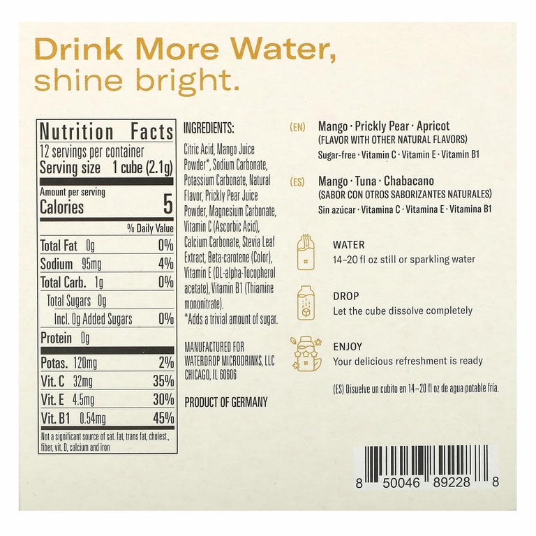 Waterdrop, Microdrink, витамины и гидратанты, для сияния, манго и опунция, 12 кубиков, 25,2 г (0,89 унции) (Товар снят с продажи) 