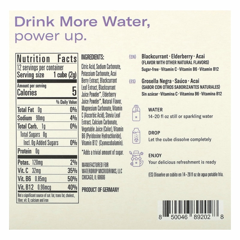 Waterdrop, Microdrink, витамин и гидратация, бузина, черная смородина и бузина, 12 кубиков, 24 г (0,85 унции) (Товар снят с продажи) 