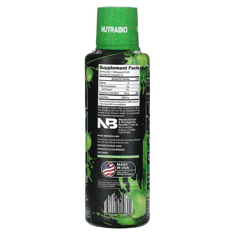 NutraBio, LeanShots L-карнитин 3000, зеленое яблоко, 473 мл (16 жидк. унц.)