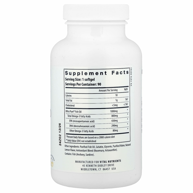 Vital Nutrients, Ultra Pure® Omega-3, рыбий жир 800, лимон, 90 мягких таблеток