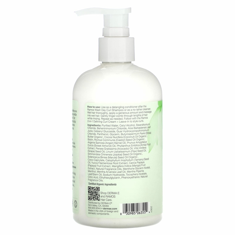 DERMA E, Ramos Clean Curls, 2 в 1, кондиционер для локонов и совместное мытье для локонов, для волнистых, вьющихся и кудрявых волос, 355 мл (12 жидк. унций)