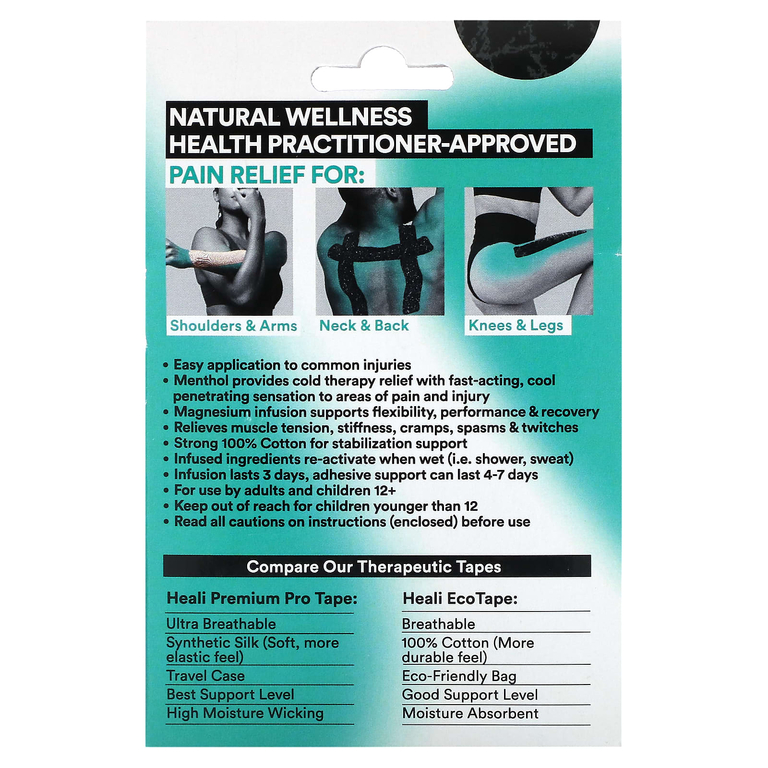 Heali Medical Corp, охлаждающий кинезиологический тейп, черный, 20 нарезанных полосок из 100% хлопка