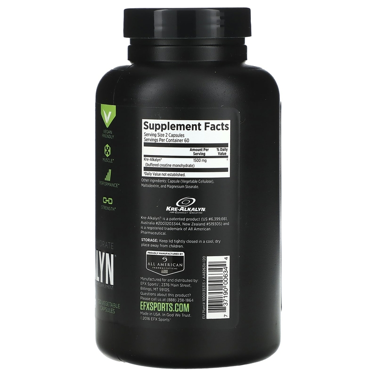 EFX Sports, Kre-Alkalyn, 120 растительных капсул (750 мг на капсулу)