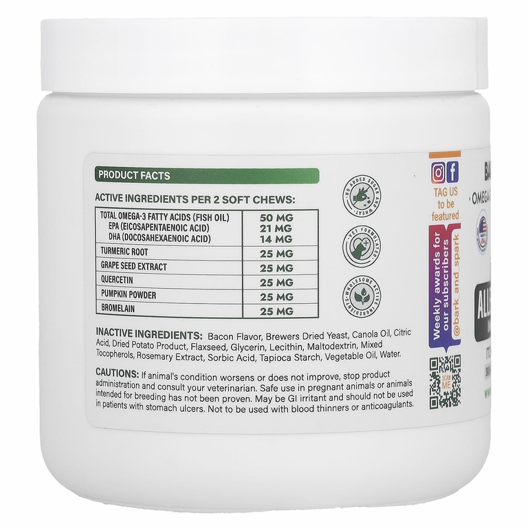 Bark&Spark, Allergy Relief Immune Chews, средство от зуда на коже, для собак, со вкусом бекона, 120 жевательных таблеток, 264 г (9,3 унции)