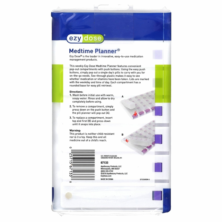 Ezy Dose, 4 раза в день еженедельно со всплывающими кнопками Medtime Planner, фиолетовый, 1 шт.