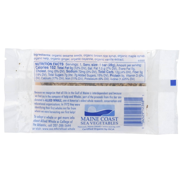 Maine Coast Sea Vegetables, Kelp Crunch, энергетический батончик с морскими водорослями, кунжут и имбирь, 28 г (1 унция)