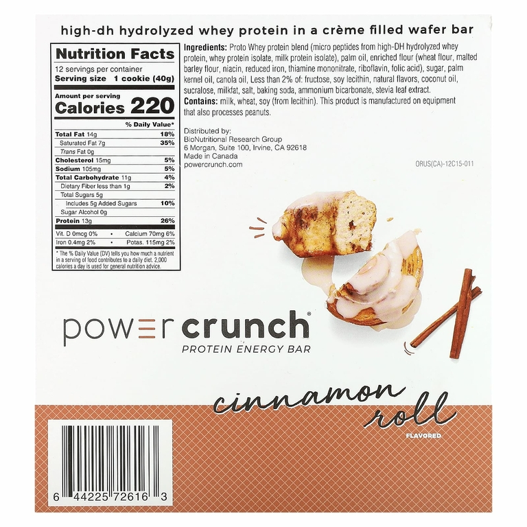 BNRG, Power Crunch, протеиновый энергетический батончик, булочка с корицей, 12 батончиков по 40 г (1,4 унции)