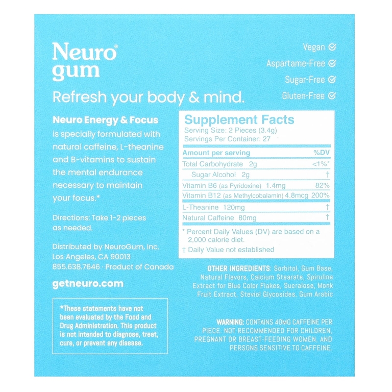 NeuroGum, Energy & Focus, перечная мята, 6 пакетиков по 9 шт.