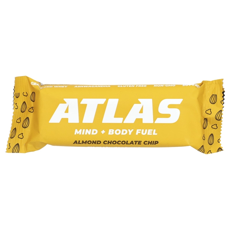 Atlas Bar, сывороточный протеиновый батончик от коров травяного откорма, миндаль и шоколадная крошка, 12 батончиков по 54 г (1,9 унции)