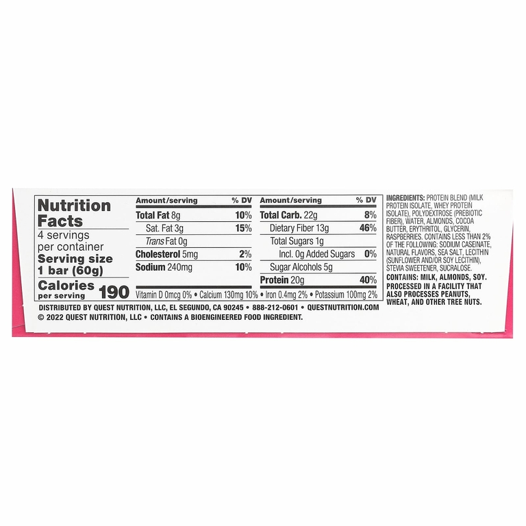 Quest Nutrition, протеиновый батончик, белый шоколад и малина, 4 шт. по 60 г (2,12 унции)