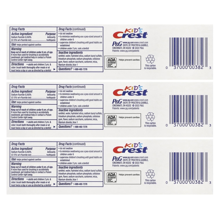 Crest, для детей, зубная паста против кариеса с фтором, с блестками, 3 шт. в упаковке, 130 г (4,6 унции)