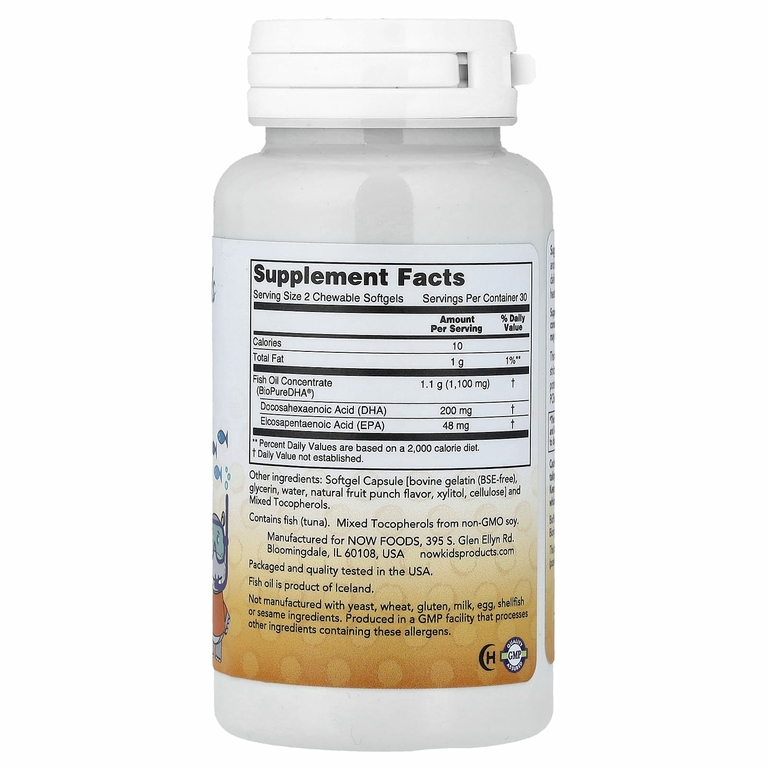 NOW Foods, ДГК с рыбьим жиром для детей, со вкусом фруктов, 60 жевательных таблеток