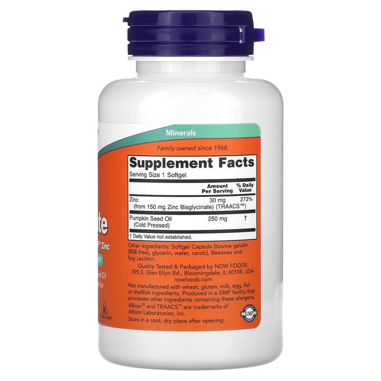 NOW Foods, глицинат цинка, 120 капсул