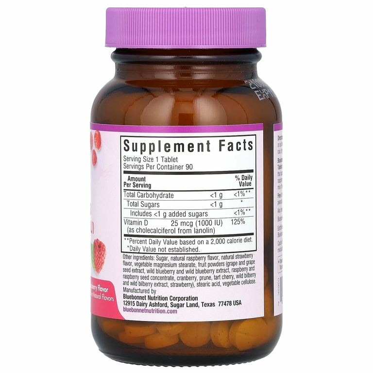Bluebonnet Nutrition, Earth Sweet Chewables, витамин D3, малина, 25 мкг (1000 МЕ), 90 жевательных таблеток
