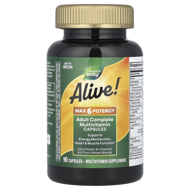 Nature's Way, Alive! ® Max 6 Potency, полный мультивитаминный комплекс для взрослых, с железом, 90 капсул