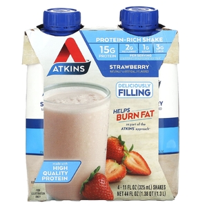 Atkins, Насыщенный протеином коктейль, клубника, 4 коктейля, по 325 мл (11 жидк. унц.)