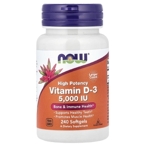 NOW Foods, Витамин D3, высокая эффективность, 125 мкг (5000 МЕ), 240 мягких таблеток