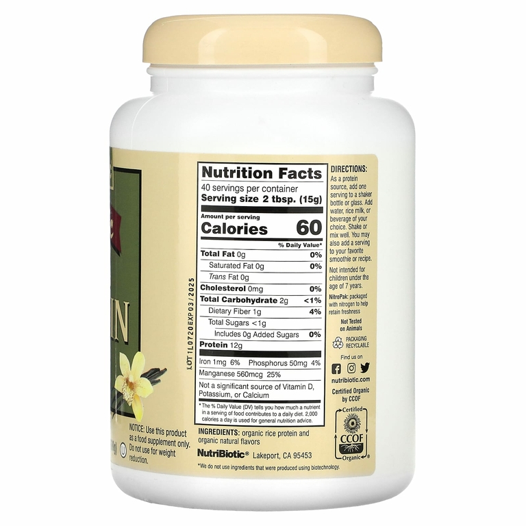 NutriBiotic, Сырой натуральный рисовый белок с ванилью, 600 г (1,3 фунта)