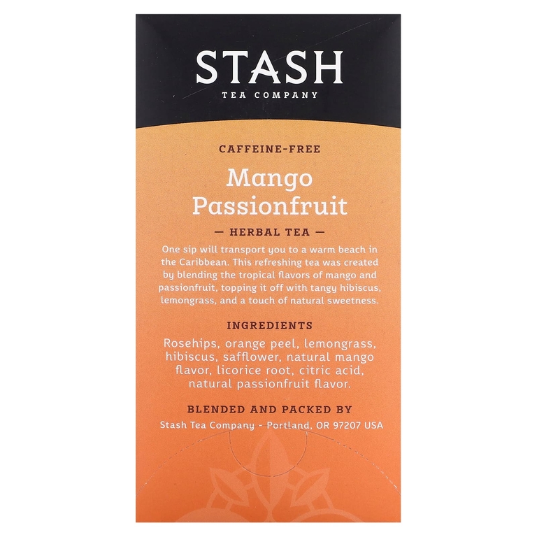 Stash Tea, Herbal Tea, манго и маракуйя, без кофеина, 20 чайных пакетиков, 38 г (1,3 унции)