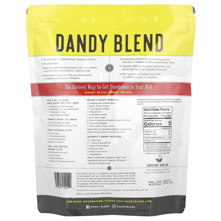 Dandy Blend, травяной напиток быстрого приготовления с одуванчиком, без кофеина, 400 г (14,1 унции)