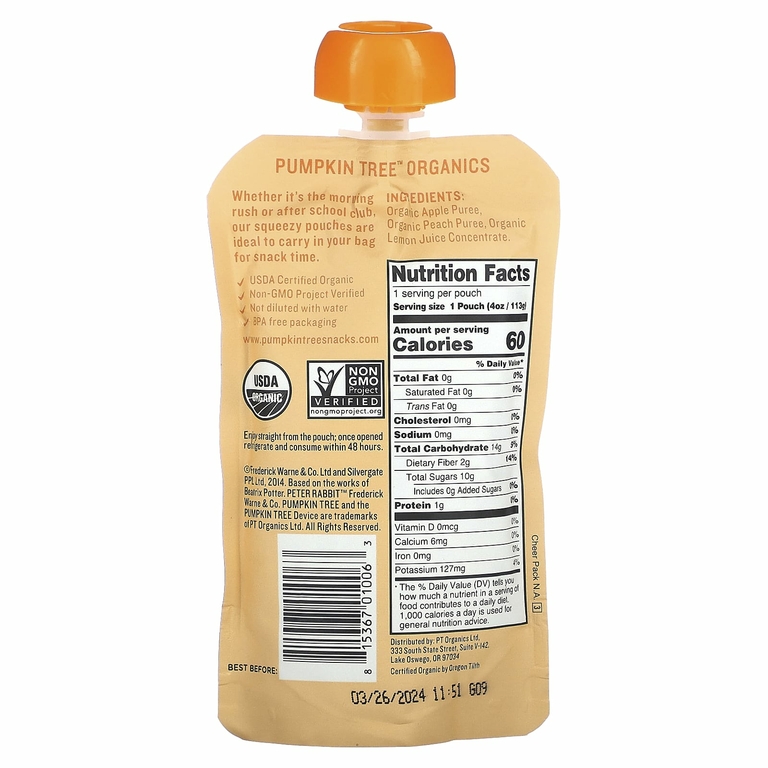 Pumpkin Tree Organics, Peter Rabbit Organics, органическое фруктовое пюре, яблоко и персик, 113 г (4 унции)