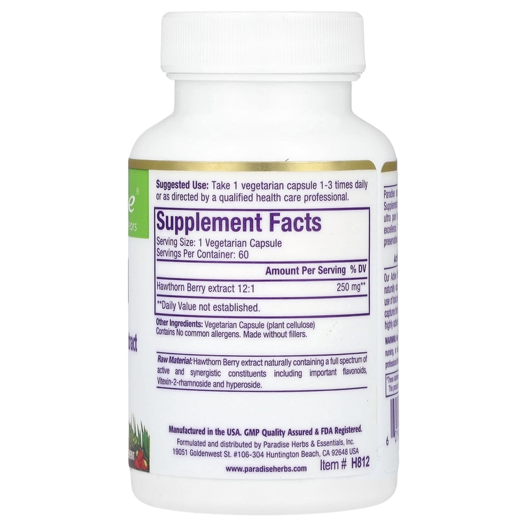 Paradise Herbs, Боярышник, 250 мг, 60 вегетарианских капсул