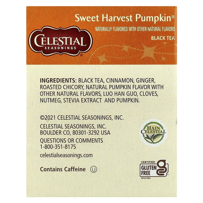 Celestial Seasonings, черный чай, сладкая тыква, 18 чайных пакетиков, 57 г (2 унции)