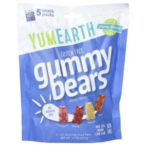 YumEarth, жевательные мишки без глютена, со вкусом клубники, вишни, манго и персика, 5 порционных пакетиков по 19,8 г (0,7 унции)
