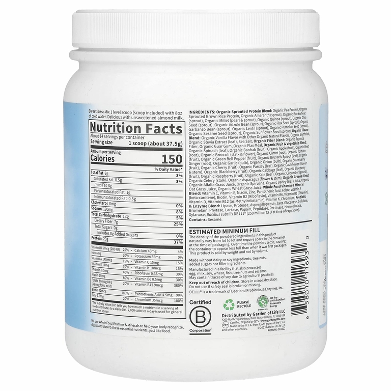 Garden of Life, RAW органический коктейль для замены приема пищи, со вкусом ванили, 525 г (18,52 унции)