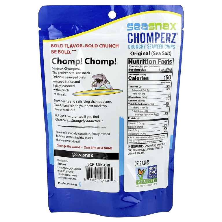SeaSnax, Chomperz, хрустящие чипсы из морских водорослей, оригинальный вкус, 1 унция (30 г)