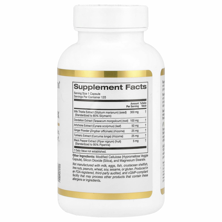 California Gold Nutrition, Комплекс силимарина, экстракт расторопши с одуванчиком, артишок, комплекс куркумина C3, имбирь и BioPerine®, 120 растительных капсул