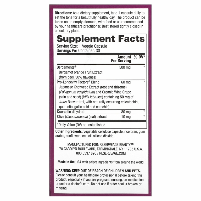 Reserveage Beauty, Bergamot Cholesterol Support, 30 растительных капсул
