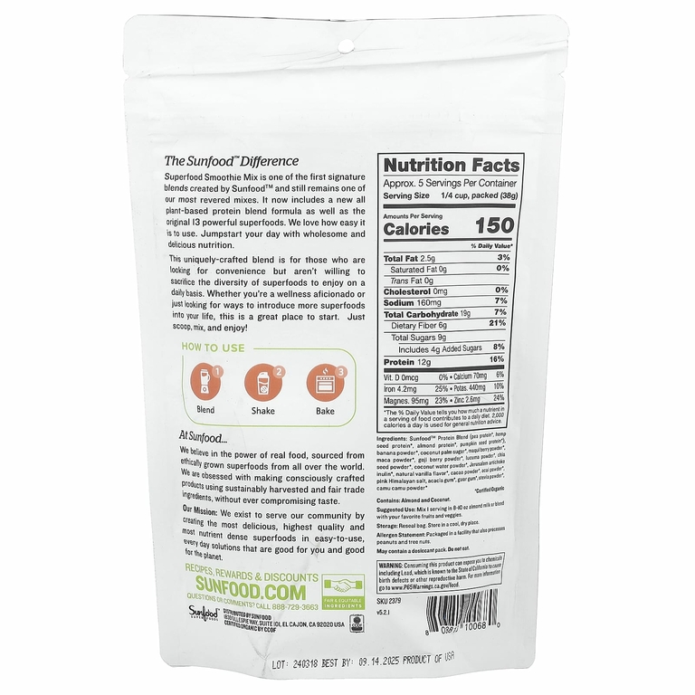Sunfood, Сырая органическая смесь суперпродуктов для смузи, 227 г (8 унций)