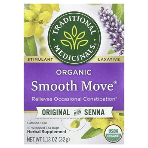 Traditional Medicinals, Organic Smooth Move®, оригинальный вкус с сенной, без кофеина, 16 упакованных чайных пакетиков, 32 г (1,13 унции)