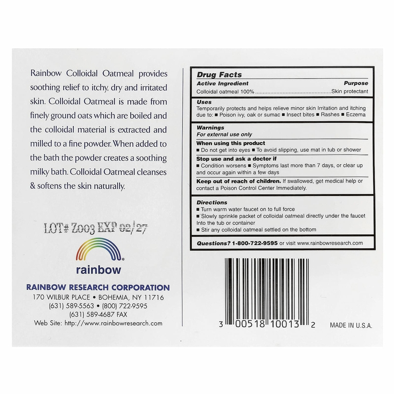 Rainbow Research, 100% натуральная коллоидная овсянка, без запаха, 3 пакетика по 1,5 унции