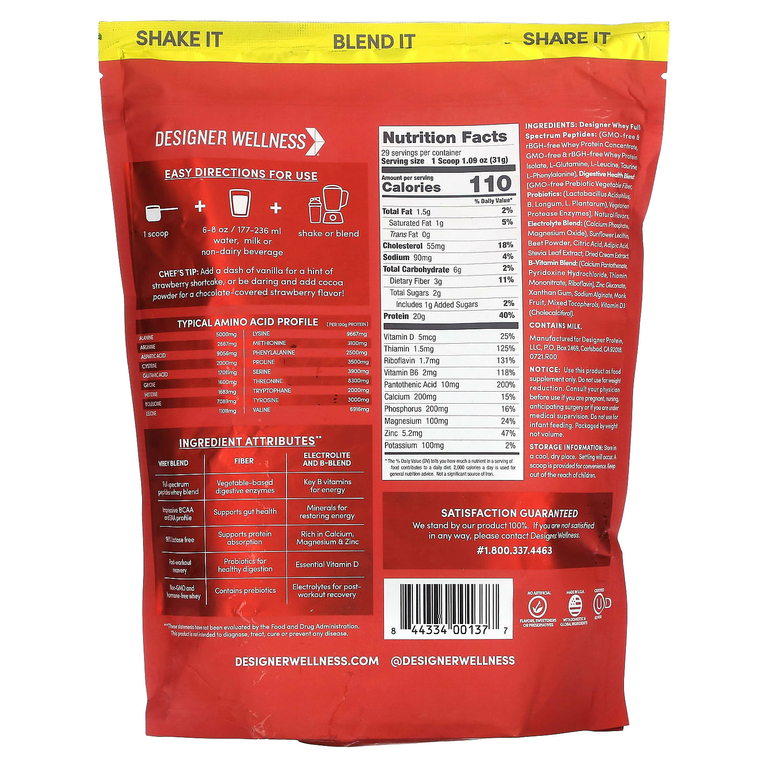 Designer Wellness, Designer Whey, натуральный 100% сывороточный протеин, со вкусом летней клубники, 908 г