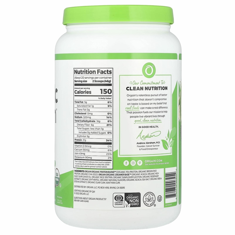 Orgain, Organic Protein ™, порошок на растительной основе, ваниль, 920 г (2,03 фунта)