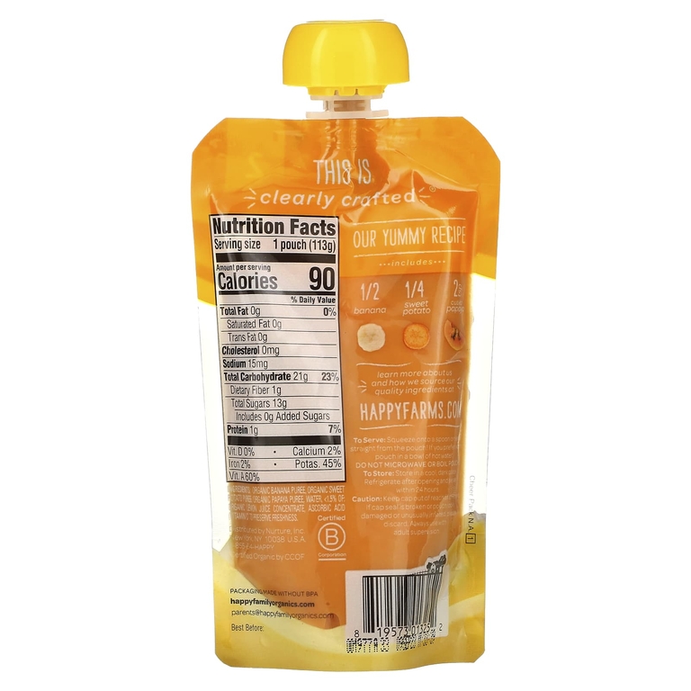 Happy Family Organics, Органическое детское питание, этап 2, от компании 6 месяцев, бананы, батат и папайя, 113 г (4 унции)