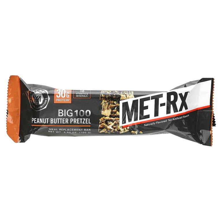 MET-Rx, Big 100, Батончик Вместо Еды, Крендель с Арахисовым Маслом , 9 батончиков, по 3,52 унции (100 г) каждый