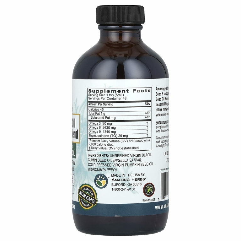 Amazing Herbs, Смесь масла черного тмина с чистым маслом тыквы холодного отжима, 8 жидк. унций (240 мл)