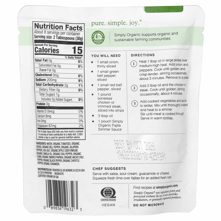 Simply Organic, классический соус фахита для тушения говядины или курицы, 227 г (8 унций)