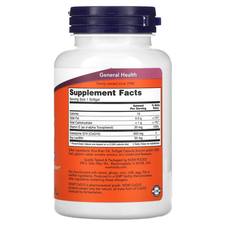 NOW Foods, коэнзим Q10 с витамином E и лецитином, максимальная эффективность, 600 мг, 60 капсул