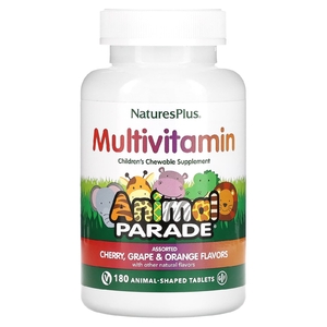 NaturesPlus, Animal Parade, мультивитаминная добавка для детей, вишня, виноград и апельсин, 180 таблеток в форме животных