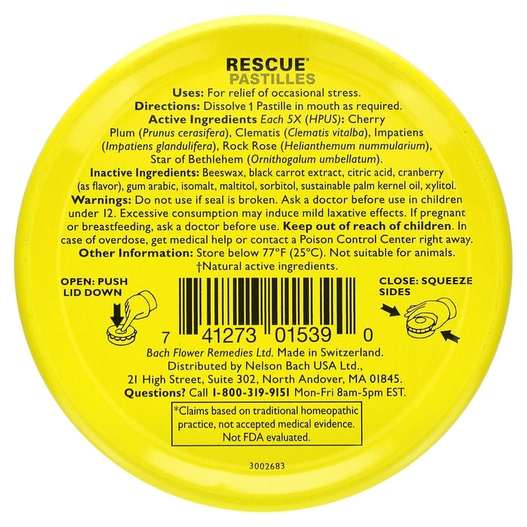 Bach, Rescue®, натуральные пастилки для снятия стресса, клюква, 35 пастилок, 50 г (1,7 унции)